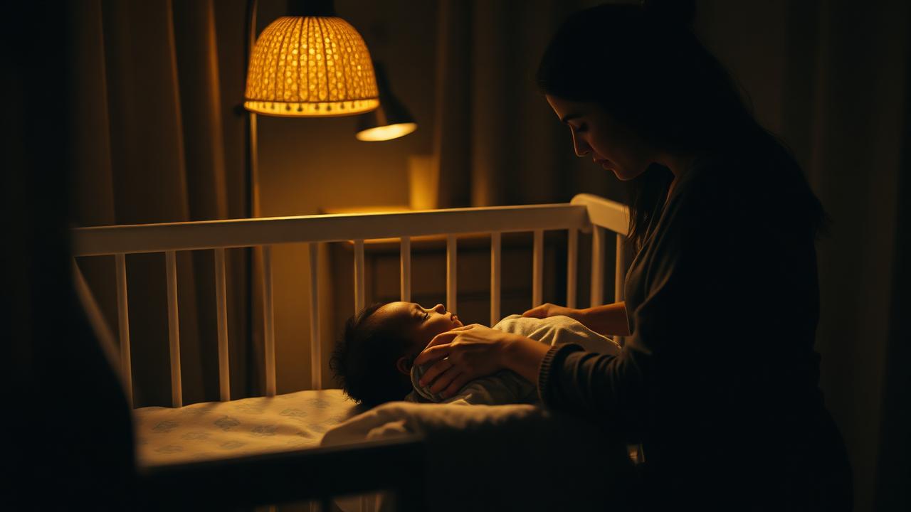 Mãe colocando o bebê para dormir em um quarto aconchegante